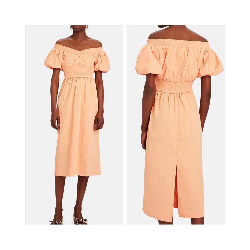 A.L.C. Midi Dress Adena Peach Linen Off the Shoulder Short Sleeve